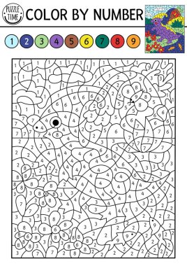 Parasaurolophus, şelale gibi sayılarla dinozor rengini temsil ediyor. Tarih öncesi manzara. Eski hayvanlarla siyah beyaz sayma oyunu. Boyama sayfası, çocuklar için mozaik resim