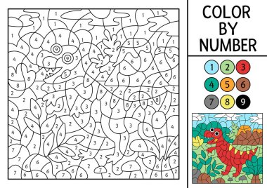 Dinozor rengini Tyrannosaurus ve volkanla numaralandırarak yönlendir. Tarih öncesi manzara. Eski hayvanlarla siyah beyaz sayma oyunu. Boyama sayfası, çocuklar için mozaik resim