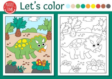 Triceratops 'lu çocuklar için dinozor boyama sayfası. Tarih öncesi manzaralı vektör çizimi. Renkli örnekleri olan çocuklar için boyama kitabı. Çizim becerileri yazdırılabilir çalışma tablosu