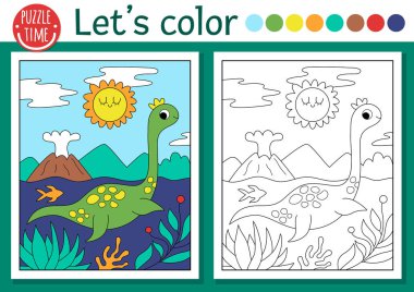 Plesiosaur 'lu çocuklar için dinozor boyama sayfası. Tarih öncesi manzaralı vektör çizimi. Renkli örnekleri olan çocuklar için boyama kitabı. Çizim becerileri yazdırılabilir çalışma tablosu