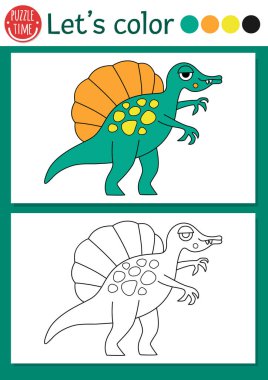 Spinosaurus 'u olan çocuklar için dinozor boyama sayfası. Vektör tarih öncesi taslak çizimi. Renkli örnekleri olan çocuklar için basit bir renk kitabı. Spinosaur ile çizim becerileri yazdırılabilir çalışma tablosu