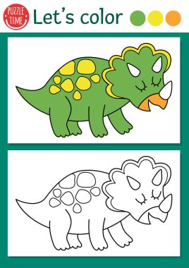 Triceratops 'lu çocuklar için dinozor boyama sayfası. Vektör tarih öncesi taslak çizimi. Renkli örnekleri olan çocuklar için basit bir renk kitabı. Çizim becerileri yazdırılabilir çalışma tablosu