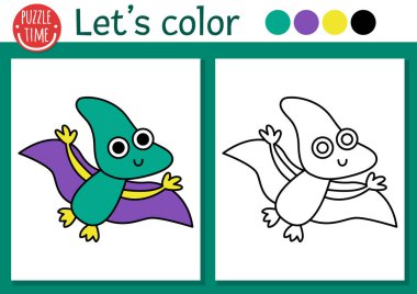 Küçük bebek Pterosaur 'u olan çocuklar için dinozor boyama sayfası. Vektör tarih öncesi taslak çizimi. Renkli örnekleri olan çocuklar için basit bir renk kitabı. Çizim becerileri yazdırılabilir çalışma tablosu