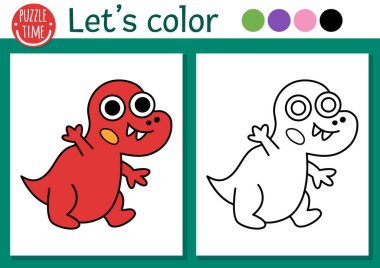 Küçük bebek Tyrannosaur 'u olan çocuklar için dinozor boyama sayfası. Vektör tarih öncesi taslak çizimi. Renkli örnekleri olan çocuklar için basit bir renk kitabı. Çizim becerileri yazdırılabilir çalışma tablosu