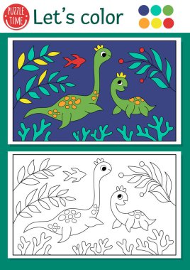 Plesiosaur 'lu çocuklar için dinozor boyama sayfası, bebeğim. Tarih öncesi manzaralı vektör çizimi. Renkli örnekleri olan çocuklar için boyama kitabı. Çizim becerileri yazdırılabilir çalışma tablosu