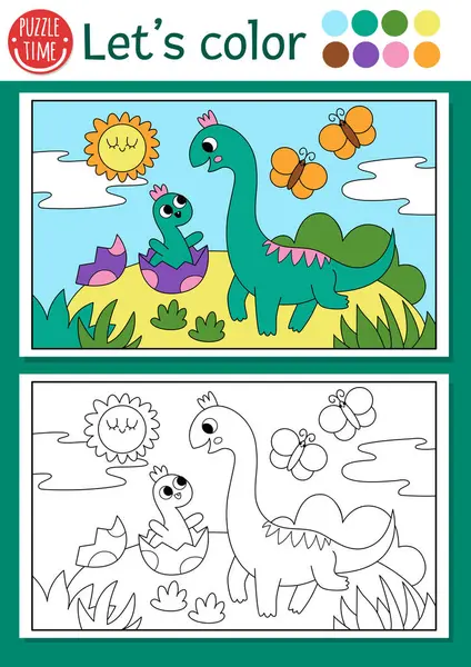 Dinozor boyama sayfası brachiosaur 'lu çocuklar için, bebeğim. Tarih öncesi manzaralı vektör çizimi. Renkli örnekleri olan çocuklar için boyama kitabı. Çizim becerileri yazdırılabilir çalışma tablosu