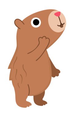 Vektör kapibarası. Şirin kapibara açık gözlerle şaşırmış duruyor. Beyaz arka planda izole edilmiş komik mutlu hayvan illüstrasyonu. Komik trend kobay tırmanışı