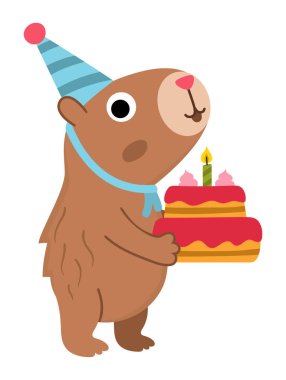 Vektör kapibarası. Külahta şapkalı şirin kapibara ve mumlu doğum günü pastası. Beyaz arka planda izole edilmiş komik mutlu hayvan illüstrasyonu. Komik moda bayram kobay tırmanışı