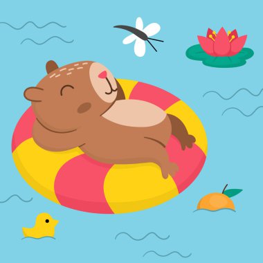 Vector capybara landscape illustration. Cute square scenery with capibara swimming and lying and swimming on floatie. Funny scene with adorable animal in the pond or pool with water lily clipart