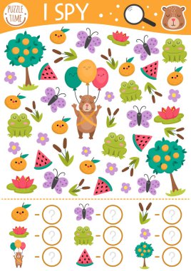 Capybara çocuklar için casusluk oyunu. Şirin hayvanlarla araştırma ve sayma faaliyetleri. Anaokulu çocukları için Capibara basılabilir çalışma tablosu. Kurbağa, mandalina, nilüfer, kamış gibi basit bir bulmaca.