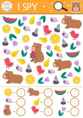 Capybara çocuklar için casusluk oyunu. Şirin hayvanlarla araştırma ve sayma faaliyetleri. Anaokulu çocukları için Capibara basılabilir çalışma tablosu. Karpuz, kuş, mandalina ile basit bir bulmaca