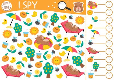 Capybara çocuklar için casusluk oyunu. Tatilde sevimli, rahatlatıcı hayvanlarla araştırma ve sayma faaliyetleri. Anaokulu öğrencileri için Capibara 'nın yazlık çalışma tablosu. Basit bir bulmaca