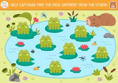 Gölde başka bir kurbağa bul. Çocuklar için Capibara etkinliği. Dikkat çekme becerileri için çocuklar için eğitici bir sınav çalışması. Kurbağa arayan sevimli Capybara ile basit yazdırılabilir oyun