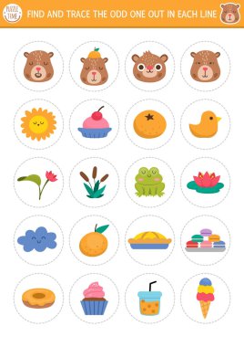 Find the odd one out. Capybara logical activity for kids. Capibara educational quiz worksheet for attention skills. Printable game with cute animals, flowers, fruits, insects, food, tangerine clipart