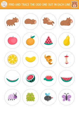 Garip olanı bul. Çocuklar için Capybara mantıksal aktivite. Dikkat çekme becerileri için Capibara eğitim sınavı çalışma tablosu. Sevimli hayvanlarla, çiçeklerle, meyvelerle, böceklerle, yiyeceklerle, mandalinalarla basılabilir bir oyun