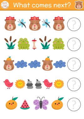 Sırada ne var? Anaokulu çocukları için Capybara 'nın mantıklı aktivitesi şirin hayvanları, kurbağaları, kelebekleri, sazlıkları, kuşları, mandalinaları. Capibara mantık ardılı çalışma tablosu. Satır oyununa devam et