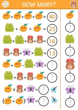 Kaç tane Capybaras oyunu, denklem ya da rebus. Okul çocukları için Capibara matematik aktivitesi. Sevimli hayvanları, kelebekleri, kurbağaları, mandalinaları olan çocuklar için basılabilir çalışma kağıtları