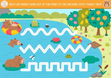 Capybara ile vektör el yazısı alıştırması. Sevimli hayvanları olan anaokulu çocukları için basılabilir etkinlik. Yazma becerileri için izleme oyunu. Capibaras 'ın meyve bahçesinden yüzmesine yardım et.