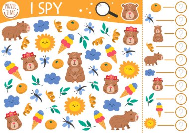 Capybara çocuklar için casusluk oyunu. Tatilde sevimli, rahatlatıcı hayvanlarla araştırma ve sayma faaliyetleri. Anaokulu öğrencileri için Capibara 'nın yazlık çalışma tablosu. Basit bir bulmaca