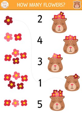 Numara oyununu Capybara ve çiçek çelengiyle eşleştir. Anaokulu öğrencileri için Capibara matematik aktivitesi. Sevimli hayvan ve kafa süsleme ile eğitimsel sayım çalışma tablosu