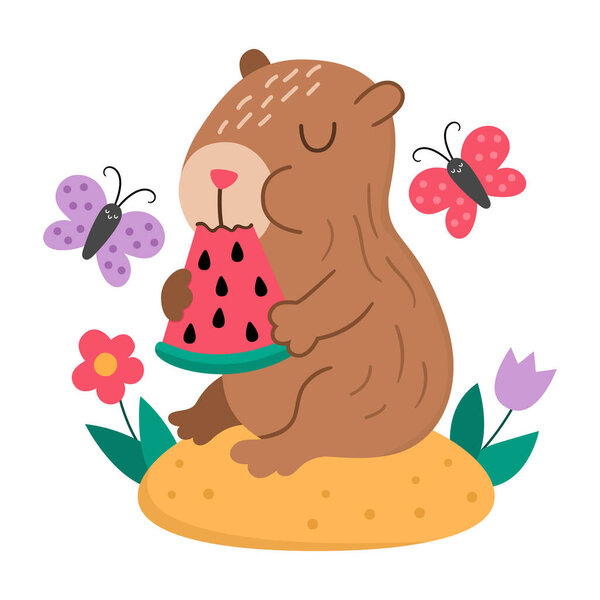 Vector capybara illustration. Cute scene with capibara sitting on flower clearing with closed eyes, with butterflies, eating watermelon. Funny spring or summer scene with adorable animal