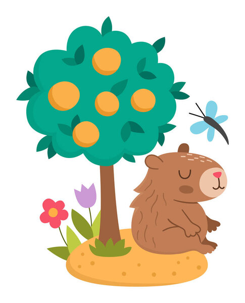 Vector capybara illustration. Cute scene with capibara sitting under tangerine tree with closed eyes, with dragonfly and flowers. Funny spring or summer scene with adorable animal