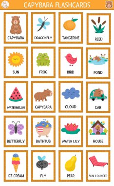 Vector big capybara flash cards set with butterfly, watermelon, cloud, water lily, bird. English language game with cute animals for kids. Capibara flashcards. Simple educational printable worksheet clipart