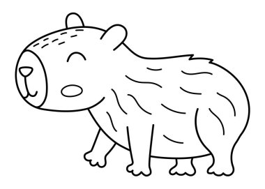 Vektör siyah ve beyaz Capybara simgesi. Tatlı Capibara gözleri kapalı bir yere gidiyor. Beyaz arka planda izole edilmiş komik çizgi hayvan illüstrasyonu. Comic Gine domuzu tırmanışı ya da boyama sayfası
