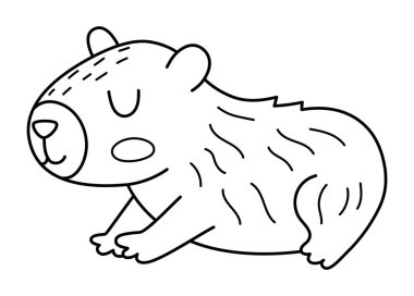 Vektör siyah ve beyaz Capybara simgesi. Tatlı çizgi Capibara oturuyor ya da gözleri kapalı yatıyor. Beyaz arka planda izole edilmiş komik mutlu hayvan illüstrasyonu. Comic Gine domuzu tırmanışı, boyama sayfası