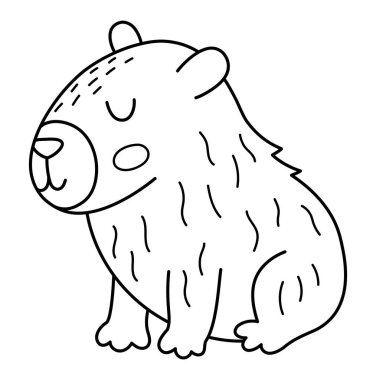 Vektör siyah ve beyaz Capybara simgesi. Güzel çizgi kapibara gözleri kapalı oturuyor. Beyaz arka planda izole edilmiş komik mutlu hayvan illüstrasyonu. Comic Gine domuzu tırmanışı, boyama sayfası