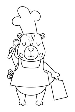 Vektör siyah ve beyaz Capybara simgesi. Önlük ve şef şapkası takmış, elinde tahta ve kaşıkla tatlı bir kapibara aşçısı. Beyaza izole edilmiş komik hayvan çizimi. Gine domuzu tırmanışı, boyama sayfası