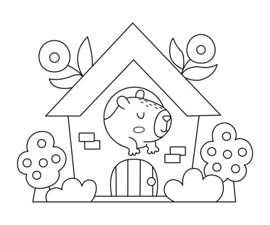 Vektör siyah ve beyaz Capybara simgesi. Çiçeklerle dolu küçük bir evde oturan sevimli Capibara. Beyaz arka planda izole edilmiş komik hayvan çizimi. Comic Gine domuzu tırmanışı, boyama sayfası