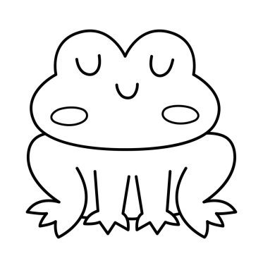 Vektör siyah beyaz çizgi film kurbağası. Tuhaf ormanlık bataklık hayvanı. Beyaz arka planda izole edilmiş çocuklar için hoş bir orman çizgisi çizimi. Yeşil oturan kurbağa simgesi, boyama sayfası