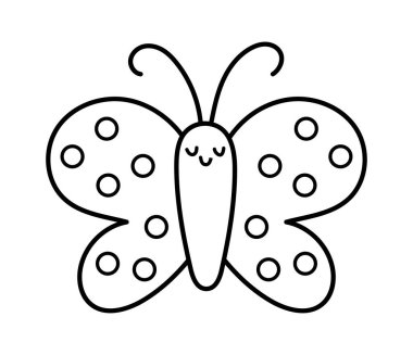 Siyah ve beyaz kelebek ikonu. Komik ormanlık, orman ya da bahçe böcekleri boyama sayfası. Beyaz arka planda izole edilmiş çocuklar için sevimli çizgi hatası çizimi