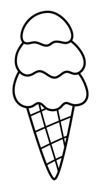 Üç kepçe ikonlu siyah beyaz dondurma külahı. Tatlı yaz tatlısı çizimi. Sundae hattı beyaz arka planda izole edildi. Soğuk tatlı gıda boyama sayfası
