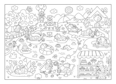 Vector siyah ve beyaz Capybara manzara çizimi. Capibaraları, göleti, arabası, evi olan şirin bir manzara. Yüzen, rahatlatan hayvanların olduğu komik, detaylı çizgi sahnesi. Çocuklar için mutlu arazi boyama sayfası