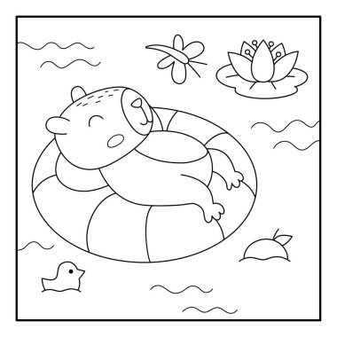 Vector siyah ve beyaz Capybara manzara çizimi. Capibara 'nın yüzdüğü, yattığı ve şamandırada yüzdüğü hoş kare bir manzara. Komik sahne, göldeki hayvanlı boyama sayfası.