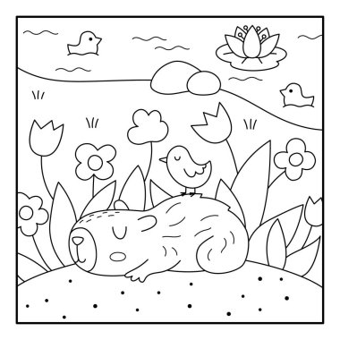 Vector siyah ve beyaz Capybara manzara çizimi. Capibara 'nın sırtında kuşla çiçeklerin üzerinde uyuduğu sevimli kare manzarası. Komik sahne, hayvanlı boyama sayfası.