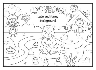 Capybaras 'lı siyah-beyaz yatay sahne. Capibaras ile manzara çizgisi çizimi. Sevimli bir geçmişi ya da hayvanları olan çocuklar için bir kitap kapağı. Komik sahne, çocuklar için boyama sayfası