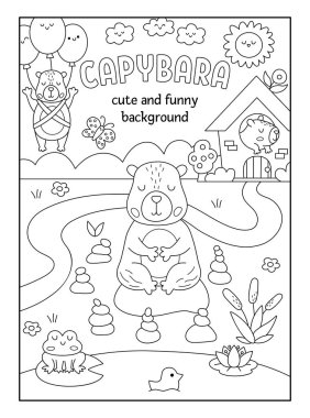 Capybaras ile siyah-beyaz dikey sahne. Capibaras ile manzara çizimi. Sevimli bir geçmişi ya da hayvanları olan çocuklar için bir kitap kapağı. Komik sahne, çocuklar için boyama sayfası