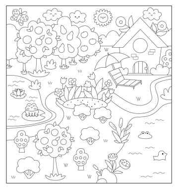 Ev, çayır, bahçe ya da meyve bahçesi, gölet gibi siyah ve beyaz manzaralı vektör çizimi. Sevimli çizgi dikey doğa manzarası ve sevimli bir kır evi. Komik sahne, evle boyama sayfası, temizleme