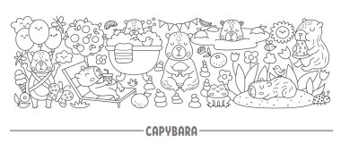 Siyah ve beyaz vektör yatay Capybara sınırı şirin hayvanlarla çevrili. Capibara kart şablonu tasarımı, gevşemiş kobay farelerinin meditasyon yaptığı, uyuduğu, rahatlattığı, eğlendiği boyama sayfası.