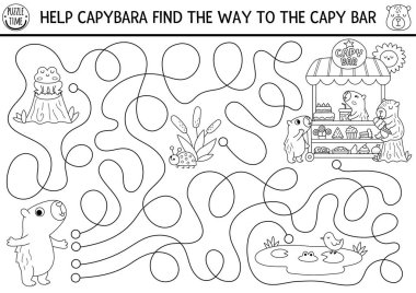 Tatlı arabasına giden Capybara 'lı çocuklar için eğlenceli siyah beyaz labirent. Capibara anaokulu basılabilir aktivitesi. Labirent oyunu, boyama sayfası, sevimli hayvanlarla bulmaca, yiyecek trolü