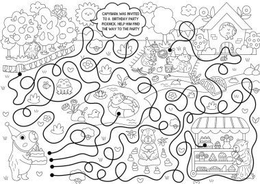 Capybara şapkalı çocuklar için siyah-beyaz labirent. Doğum günü partisine pastayla gidecekler. Capibara anaokulu basılabilir aktivitesi, şirin hayvanlarla boyama sayfası. Labirent oyunu, bulmaca!