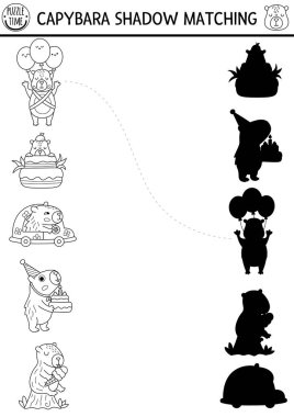 Capibara siyah ve beyaz gölgeleri eşleşiyor. Capybara şekil tanıma bulmacası. Doğru siluet yazdırılabilir çalışma tablosu, boyama sayfası ya da oyunu bul. Hayvanlı çocuklar için sayfayı eşleştir