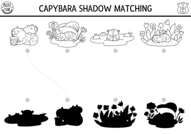 Capibara siyah ve beyaz gölgeleri eşleşiyor. Capybara şekil tanıma bulmacası, boyama sayfası. Doğru siluet yazdırılabilir çalışma kâğıdı bul, hayvanları rahatlatan çocuklar için oyun