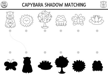 Capibara siyah ve beyaz gölgeleri eşleşiyor. Capybara sembolleri şekil tanıma bulmacası, boyama sayfası. Doğru siluet yazdırılabilir çalışma kâğıdı bul, sevimli hayvanlı çocuklar için oyun