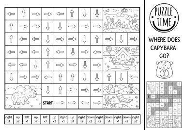 Capybara çocuklar için siyah beyaz mantık labirenti. Capibara anaokulu basılabilir aktivitesi, boyama sayfası. Labirent oyunu ya da sol, sağ, yukarı, aşağı konsepti olan yapboz, sevimli hayvan. Arro 'yu takip et