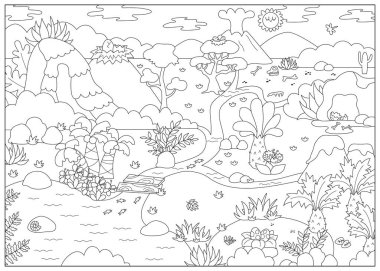 Siyah ve beyaz vektör boş dinozor manzarası çizimi. Dağları, ormanı, antik bitkileri olan tarih öncesi güzel bir manzara. Palmiye ağacı ve volkanla Jurasik dönem sahnesi. Çocuk için dino boyama sayfası