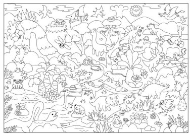 Vector siyah ve beyaz dinozor manzara çizimi. Dağlı, ormanlı, antik hayvanlı tarih öncesi manzara. T-Rex 'le boyama sayfası. Çocuk için dino arazi resmi